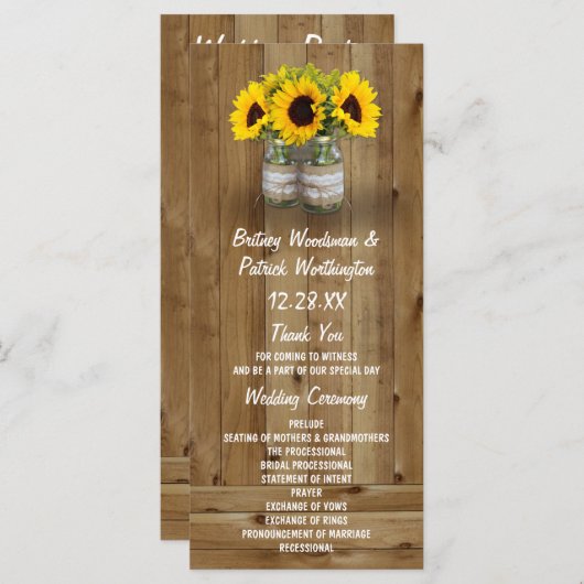 Sonnenblume Mason Jar Burlap + Hochzeitsprogramme Programm (Vorne/Hinten)