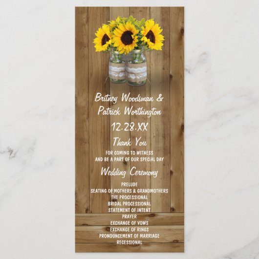 Sonnenblume Mason Jar Burlap + Hochzeitsprogramme Programm (Vorderseite)