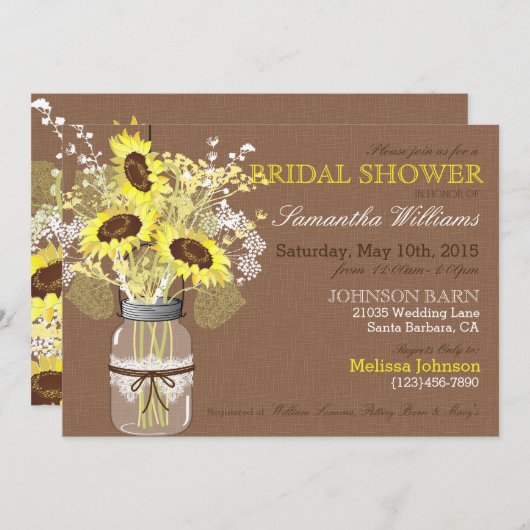 Sonnenblume Mason Jar Burlap Rustikales Brautparty Einladung (Vorne/Hinten)