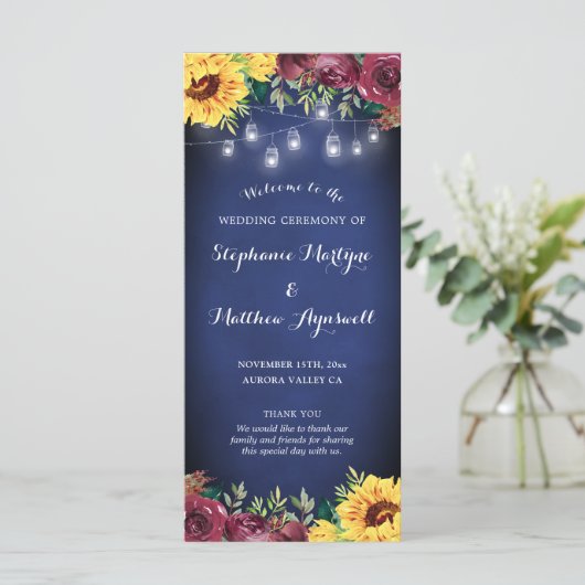 Sonnenblume Mason Jar Lights Navy Blue Wedding Programm (Stehend Vorderseite)