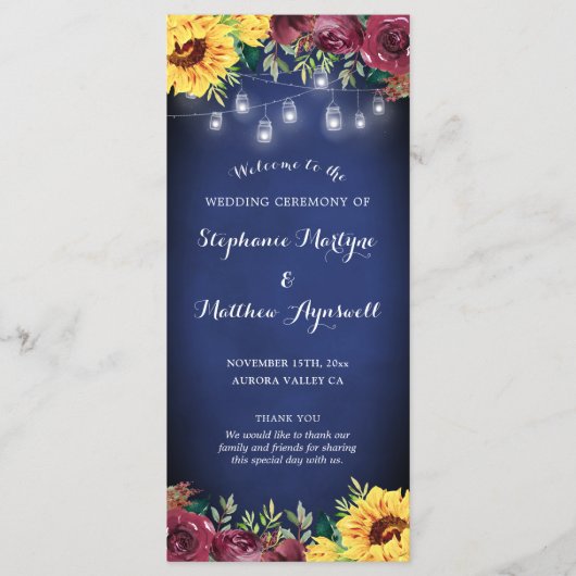 Sonnenblume Mason Jar Lights Navy Blue Wedding Programm (Vorderseite)