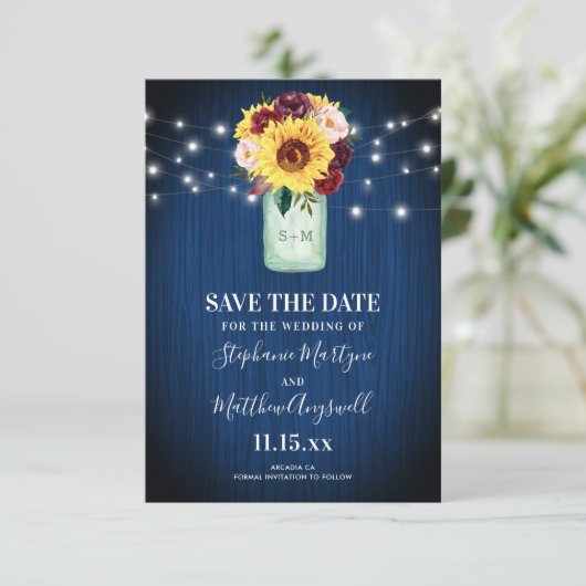Sonnenblume Mason Jar Navy Blue Save The Date (Stehend Vorderseite)
