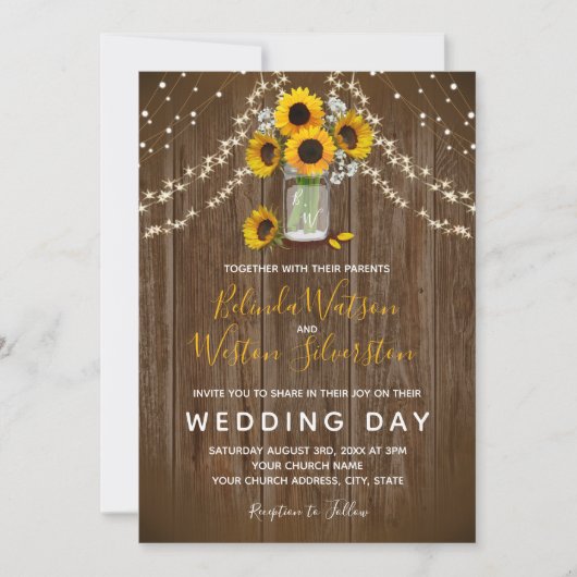 Sonnenblume Mason Jar Rustic Barn Wood Wedding Einladung (Vorderseite)