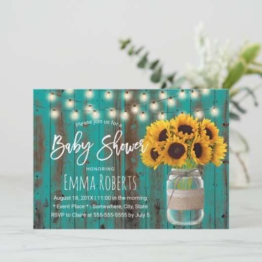 Sonnenblume Mason Jar Rustikale Aquamarin Barn Bab Einladung (Stehend Vorderseite)