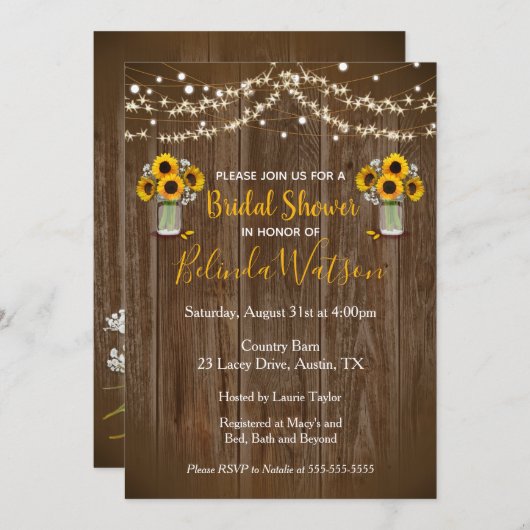 Sonnenblume Mason Jar Rustikales Brautparty Hochze Einladung (Vorne/Hinten)