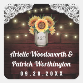 Sonnenblume Mason Jar Wood Lace Gastgeschenk Hochz Quadratischer Aufkleber