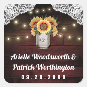 Sonnenblume Mason Jar Wood Lace Gastgeschenk Hochz Quadratischer Aufkleber