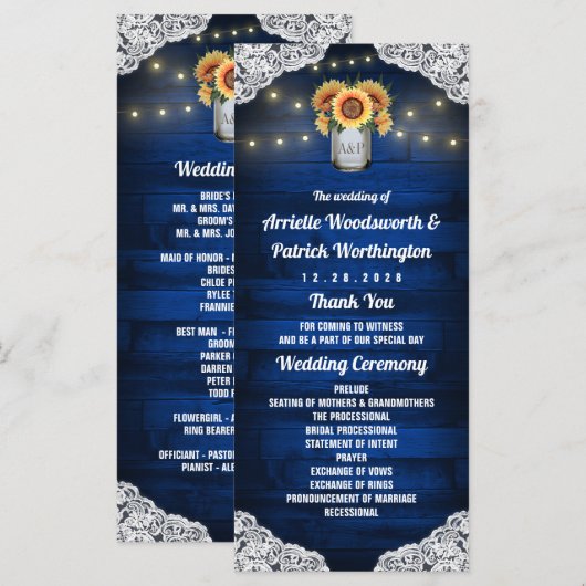 Sonnenblume Mason Jar Wood Lace Hochzeitsprogramme Programm (Vorne/Hinten)