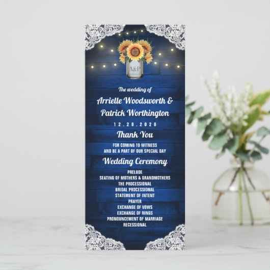 Sonnenblume Mason Jar Wood Lace Hochzeitsprogramme Programm (Stehend Vorderseite)