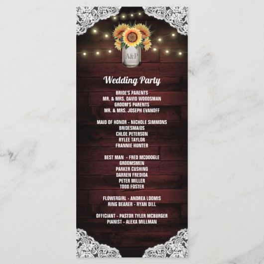 Sonnenblume Mason Jar Wood Lace Hochzeitsprogramme Programm (Rückseite)