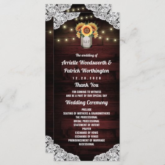 Sonnenblume Mason Jar Wood Lace Hochzeitsprogramme Programm (Vorne/Hinten)