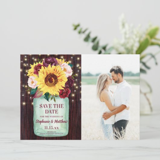 Sonnenblume Mason Jar Wood Lights Foto Hochzeit Save The Date (Stehend Vorderseite)