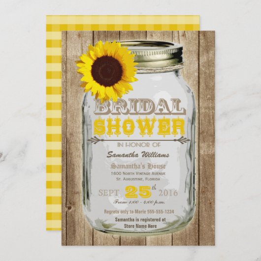 Sonnenblume-Maurer-Glas-rustikales Brautparty Einladung (Vorne/Hinten)