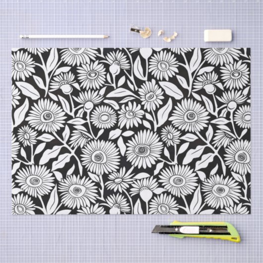 Sonnenblume Minimal monochrome Schwarz-weiß Seidenpapier (Handwerk)