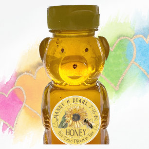 Sonnenblume mit Bee mini Honey Bear Label Hochzeit Quadratischer Aufkleber