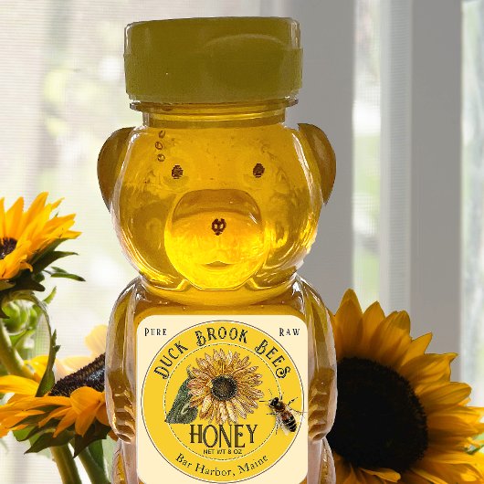 Sonnenblume mit Bee mini Honey Bear Yellow Label Quadratischer Aufkleber
