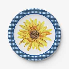 Sonnenblume mit Blue Gingham Border / Country Styl Pappteller