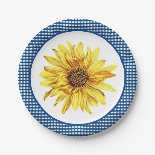 Sonnenblume mit Blue Gingham Border / Country Styl Pappteller (Vorderseite)