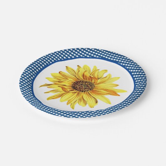 Sonnenblume mit Blue Gingham Border / Country Styl Pappteller (Schrägansicht)