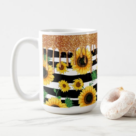 Sonnenblume mit Gold-Glitzer Kaffeetasse (Mit Donut)
