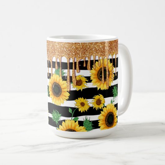 Sonnenblume mit Gold-Glitzer Kaffeetasse (VorderseiteRechts)