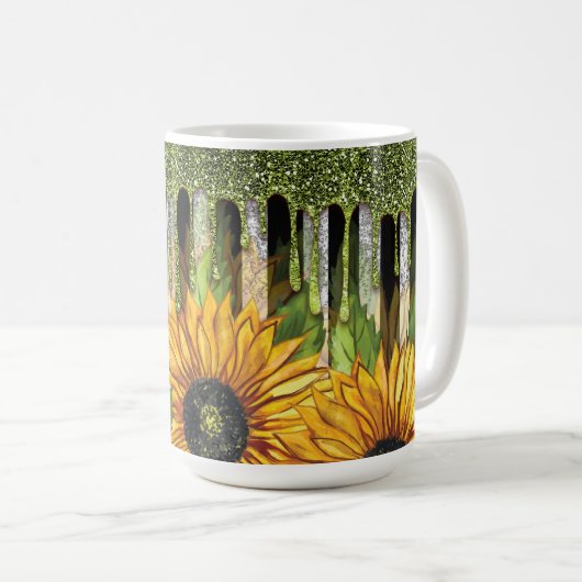 Sonnenblume mit grünem Glitzer Kaffeetasse (VorderseiteRechts)