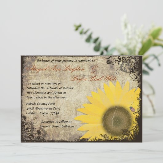 Sonnenblume mit Ladybug Vintage Hochzeit Einladung (Stehend Vorderseite)