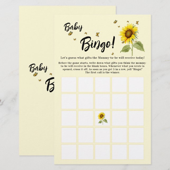 Sonnenblume mit Schmetterlingen Baby Bingo Game Fl (Vorne/Hinten)