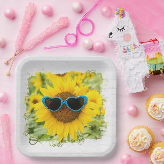 Sonnenblume mit Sonnenbrille auf Holz Pappteller (Party)