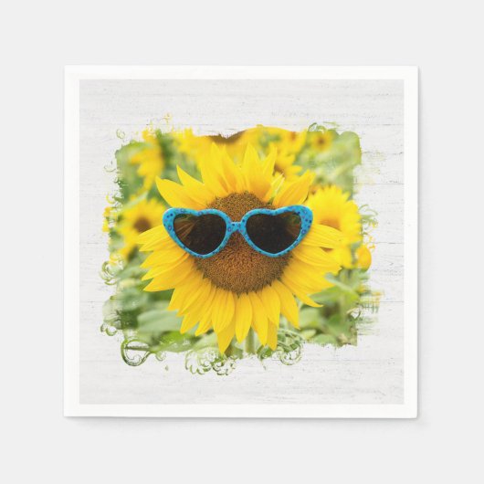 Sonnenblume mit Sonnenbrille auf Holz Serviette (Vorderseite)