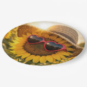 Sonnenblume mit Sonnenbrille und Strohhut Pappteller (Schrägansicht)