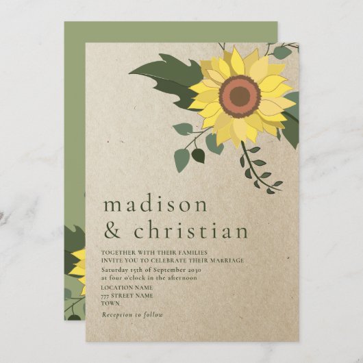 Sonnenblume Moderne Heirat Grün Einladung (Vorne/Hinten)