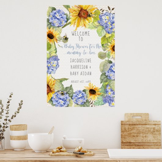 Sonnenblume Mommy to Bee Bumblebee Blue Hydrangeas Poster (Küche)