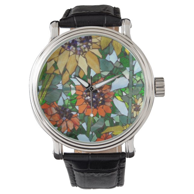 Sonnenblume Mosaik Watch von Willowcatdesigns Armbanduhr (Vorderseite)