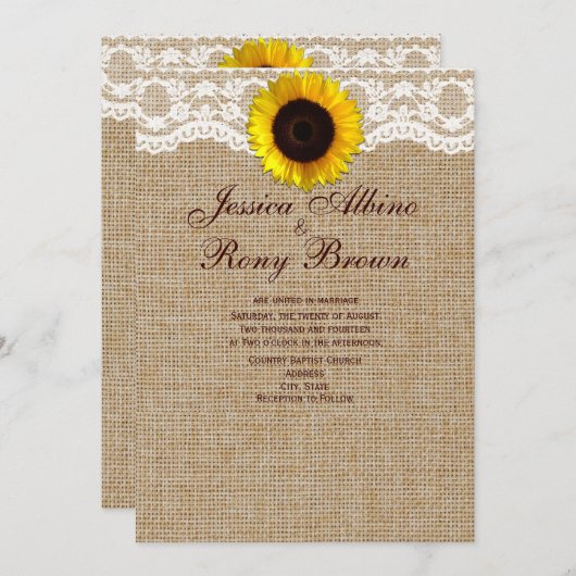 Sonnenblume Naturburlap Lace Hochzeit Einladung (Vorne/Hinten)