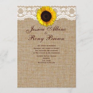 Sonnenblume Natürliche Jute-Spitze Hochzeitseinlad Einladung