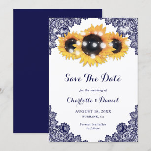 Sonnenblume Navy Blau Florales Spitzen Hochzeit Save The Date