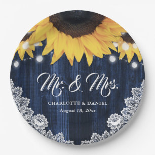 Sonnenblume Navy Blau Holz Blumen Spitze Hochzeit Pappteller