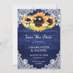 Sonnenblume Navy Blau Holz Floral Spitze Hochzeit Save The Date