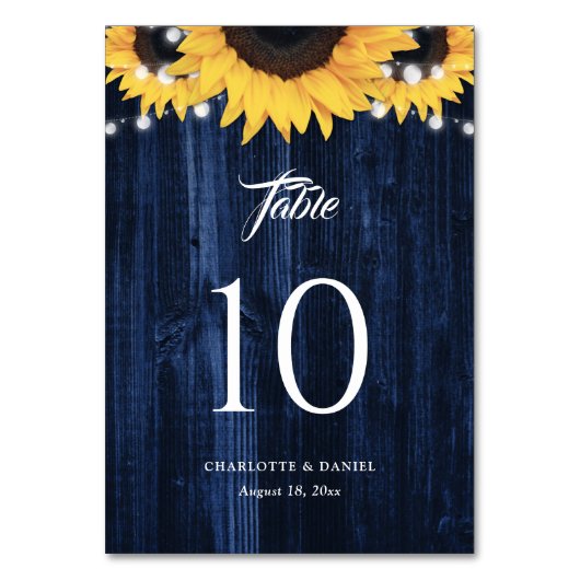 Sonnenblume Navy Blau Holz Lichterkette Tischnummer (Vorderseite)