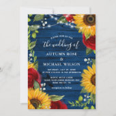 Sonnenblume Navy Blauer Rote Rose Rustikale Holzve Einladung (Vorderseite)