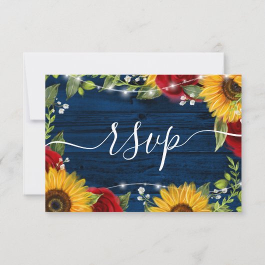 Sonnenblume Navy Blauer Rote Rose Rustikale Holzve RSVP Karte (Rückseite)