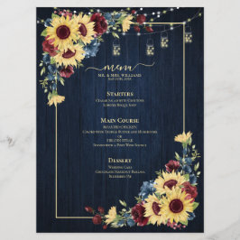 Sonnenblume Navy Blue Burgundy Wood Floral Hochzei Menükarte
