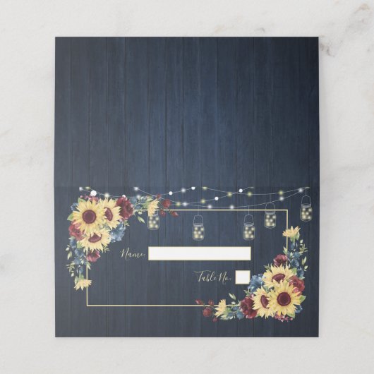 Sonnenblume Navy Blue Burgundy Wood Floral Hochzei Platzkarte (Außenseite Aufgefaltet)