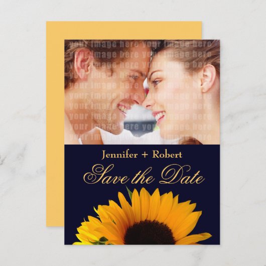 Sonnenblume Navy Blue Custom Foto Save the Date Ankündigungspostkarte (Vorne/Hinten)