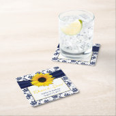 Sonnenblume Navy Blue Damask Personalisiert Hochze Rechteckiger Pappuntersetzer (Vor Ort)