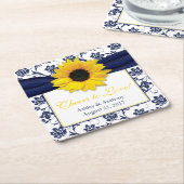 Sonnenblume Navy Blue Damask Personalisiert Hochze Rechteckiger Pappuntersetzer (angewinkelt)