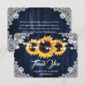 Sonnenblume Navy Blue Rustic Wood Lace Hochzeit Dankeskarte (Vorne/Hinten)
