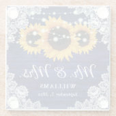 Sonnenblume Navy Blue Rustic Wood Lace Hochzeit Glasuntersetzer (Rückseite)