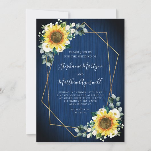 Sonnenblume Navy Blue Wood Geometric Wedding Einladung (Vorderseite)